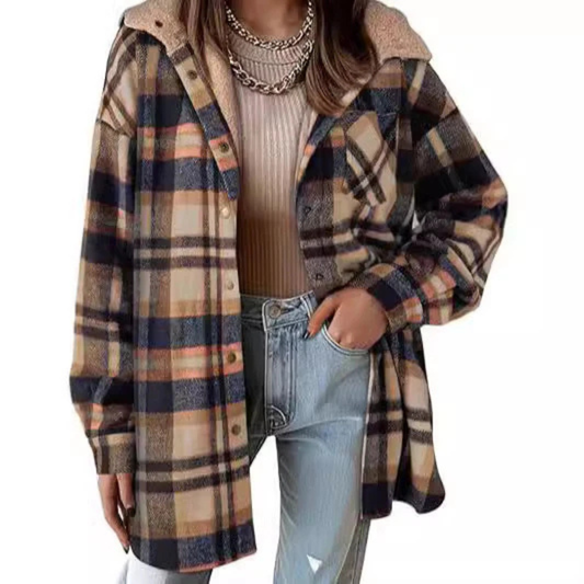 Damen Flanell Kariert Kapuzen-Hemdjacke Dicke Winterjacke für Wärme Geknöpfte Warme Flauschige Fleecejacke