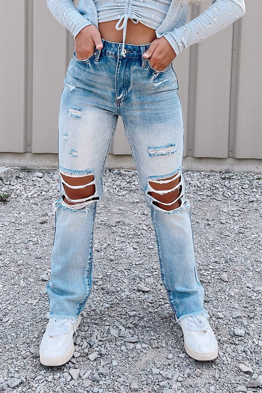 High-Waist Jeans mit ausgefranstem Saum und Rissen