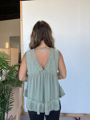 New V-neckline Sleeveless Flow Top with Lace Trim (Buy 2 Free Shipping)