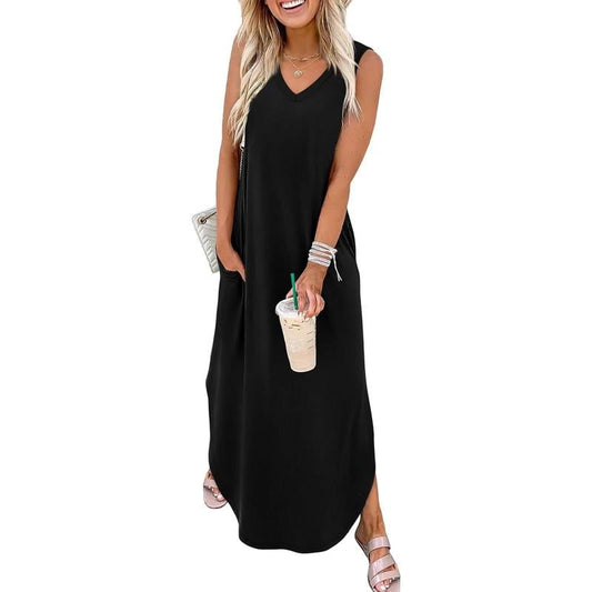 Sommerkleider Maxikleid Urlaub Strandkleider mit Taschen