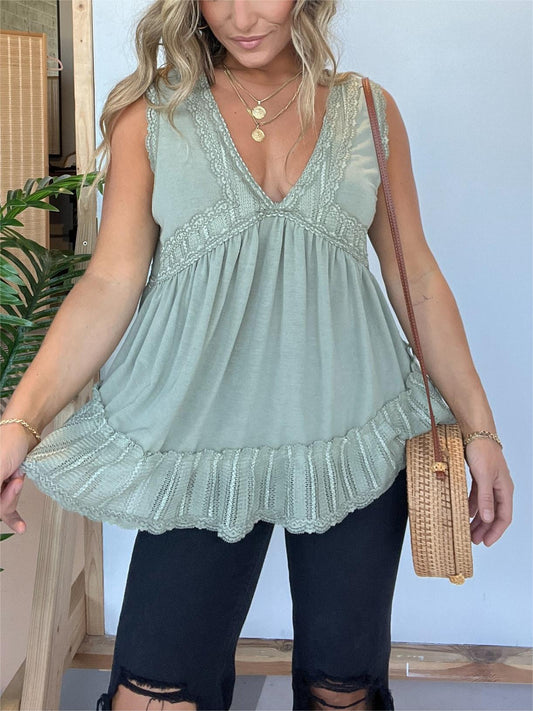 New V-neckline Sleeveless Flow Top with Lace Trim (Buy 2 Free Shipping)
