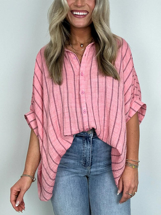 Damen Oversized Gestreiftes Button-Down-Oberteil (2 kaufen, kostenloser Versand)