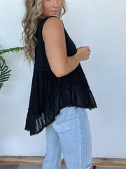 New V-neckline Sleeveless Flow Top with Lace Trim (Buy 2 Free Shipping)