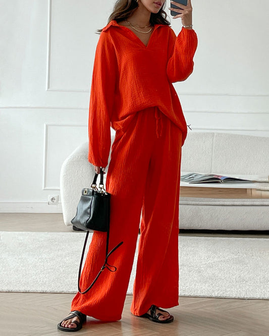 Herbstliches, schlichtes zweiteiliges Set mit V-Ausschnitt (2 kaufen, kostenloser Versand)