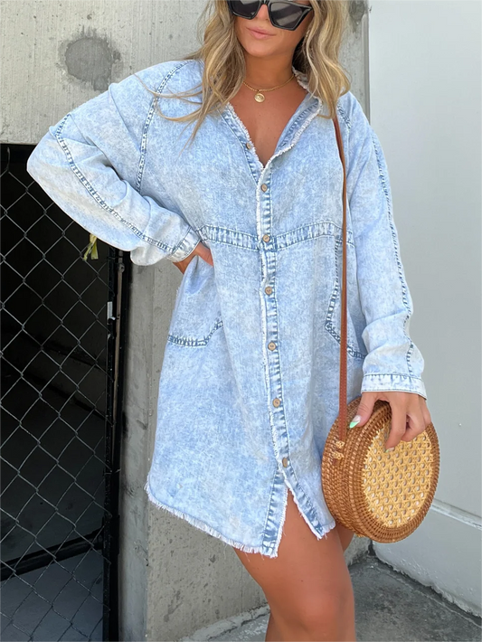 Neue Damen Washed Denim Tunika (2 kaufen, Versand gratis)