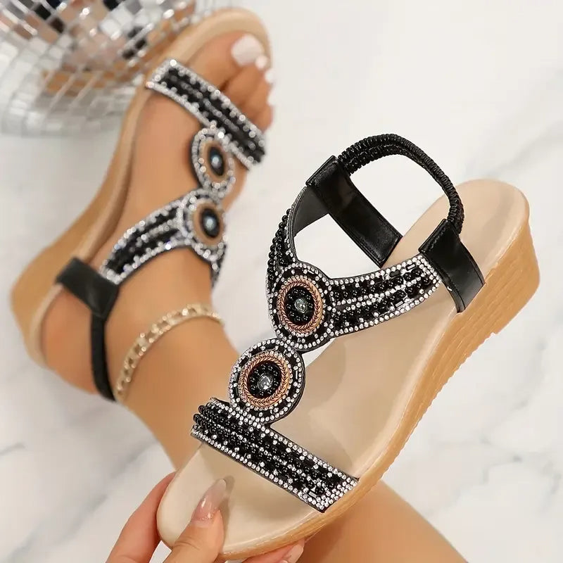 Elegant Pearl & Rhinestone Accents Wedge Sandals