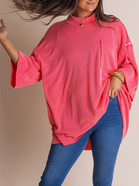 Oversize urbaner Rippstrick-Longpullover mit hohem Kragen (2 kaufen, kostenloser Versand)