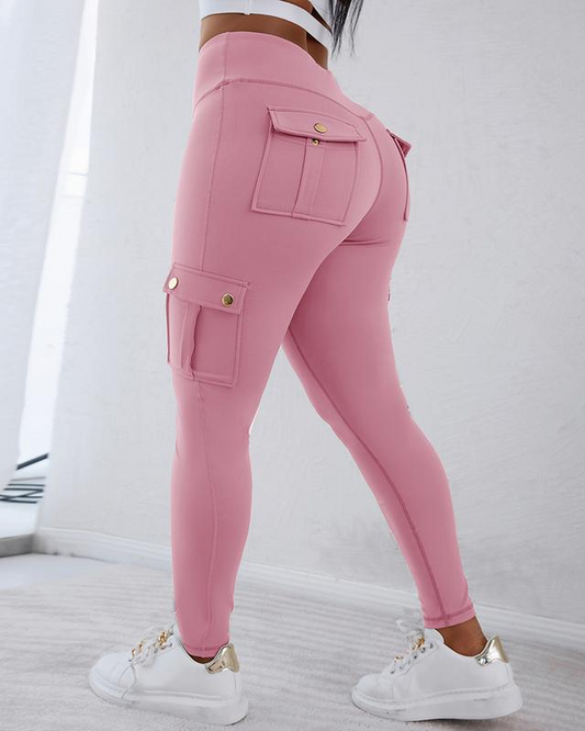 ChicMe Damen Leggings mit Po-Push-up-Effekt, Pattentaschen, hoher Taille, Bauchkontrolle, Workout Cargo Leggings Yogahose