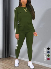 Women's Striped Print Long Sleeve Top & Pants Two-piece Set, Casual Fashion Cozy Round Neck Top & Trousers for Daily Outdoor Wear, Ladies Clothes [buy 2 Free Shipping]