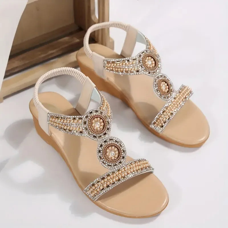 Elegant Pearl & Rhinestone Accents Wedge Sandals