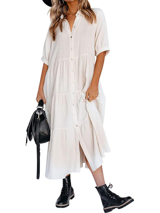 Damen Midi-Kleid mit durchgehender Knopfleiste, Stufenvolants, fließend und Taschen (2 kaufen, kostenloser Versand)
