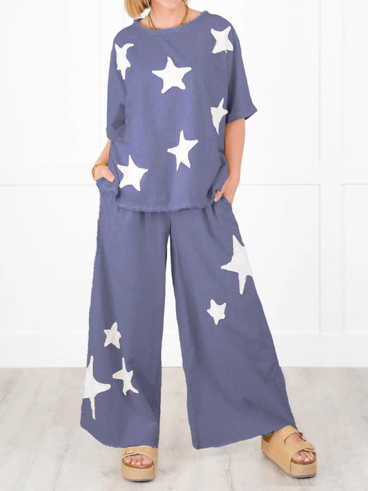 Zweiteiler-Set für Damen mit Stern-Patch im Freizeit-Stil (2 kaufen, kostenloser Versand)