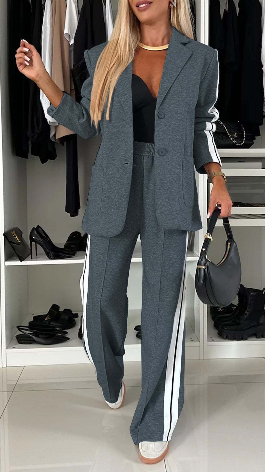 Sporty Patchwork Lapel Blazer and Elastic Waist Pocket Loose Pants Set