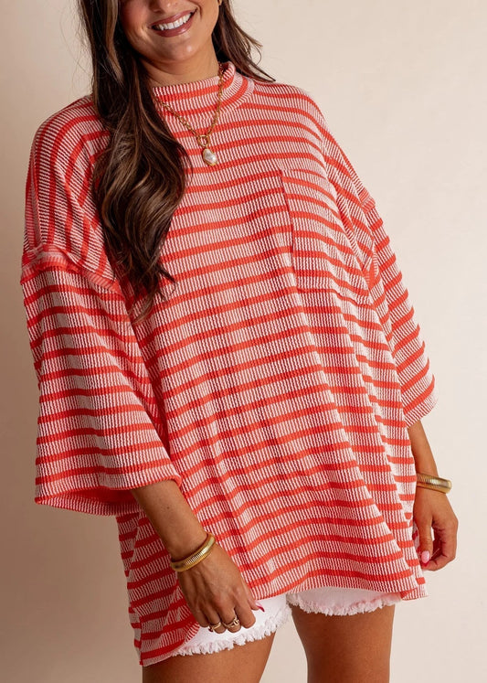 Damen Oversized Stehkragen Urban Geripptes Gestreiftes Oberteil (Kaufe 2 versandkostenfrei)