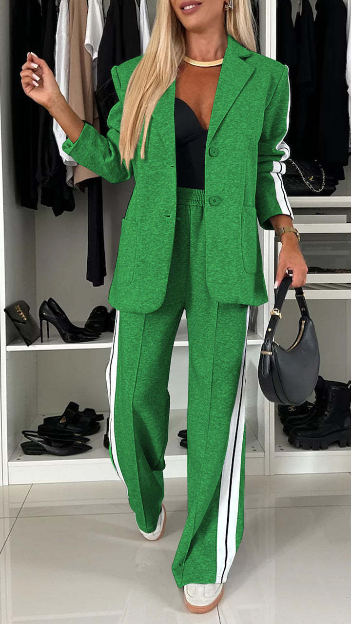 Sporty Patchwork Lapel Blazer and Elastic Waist Pocket Loose Pants Set