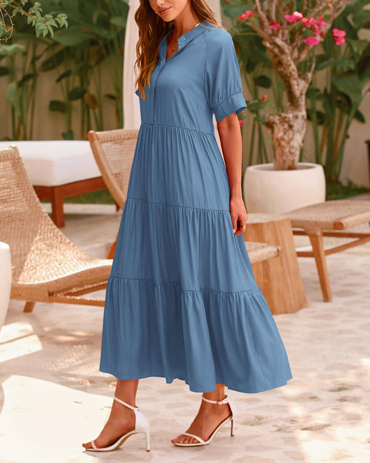 Damen Freizeit-Midi-Kleid mit kurzen Ärmeln, Knopfleiste und Plisseestufen (2 kaufen, kostenloser Versand)