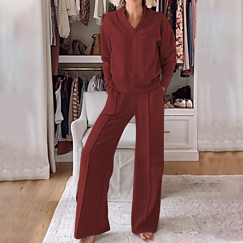 Women's Solid Color V-neck Top & Pants Two-piece Set