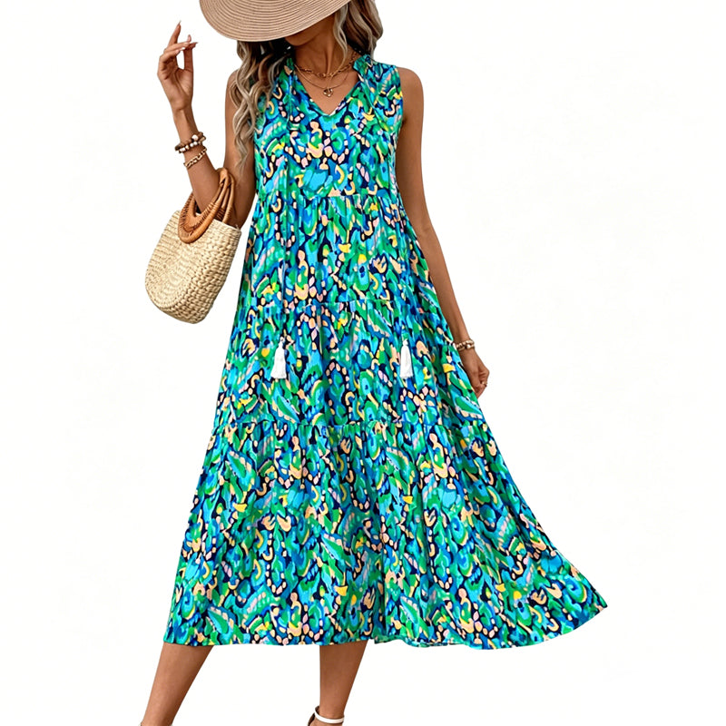 Models-Women's Sleeveless Abstract Print Tiered Midi Dress
