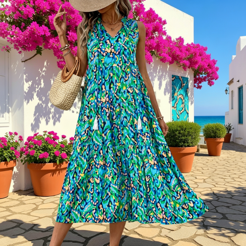 Models-Women's Sleeveless Abstract Print Tiered Midi Dress