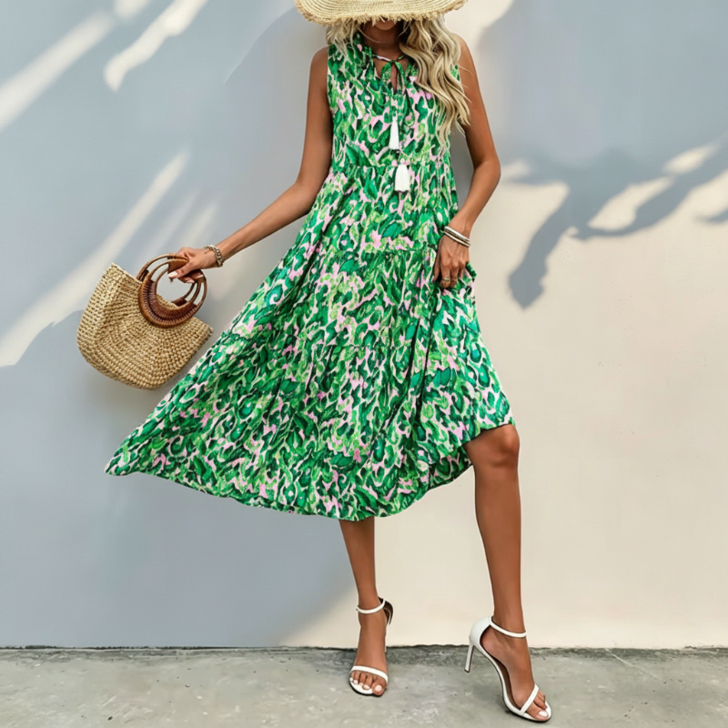 Models-Women's Sleeveless Abstract Print Tiered Midi Dress