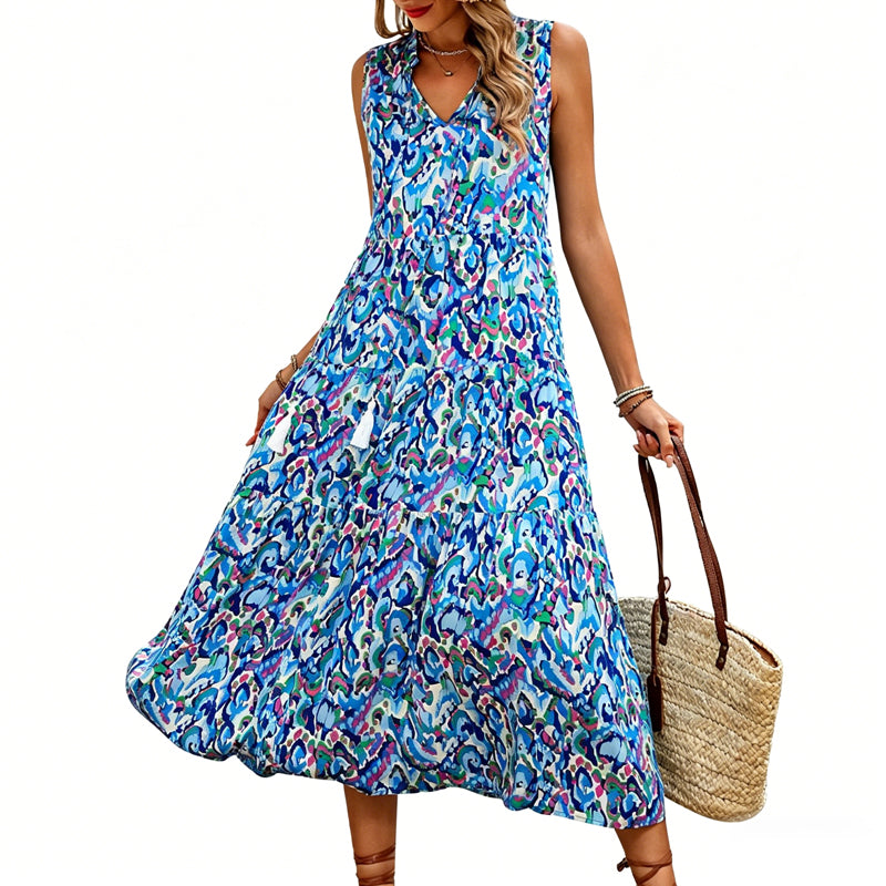 Models-Women's Sleeveless Abstract Print Tiered Midi Dress