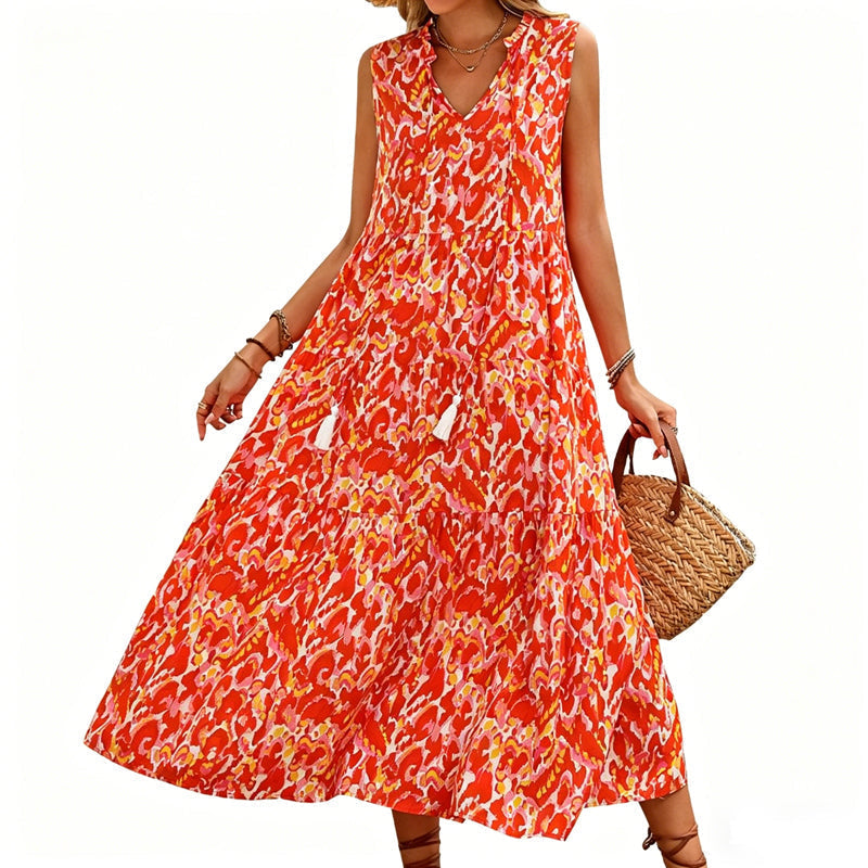 Models-Women's Sleeveless Abstract Print Tiered Midi Dress