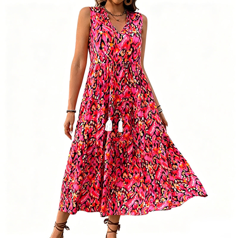 Models-Women's Sleeveless Abstract Print Tiered Midi Dress